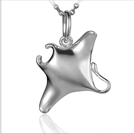 Shiny manta ray pendant necklace with polished silver finish, featuring a detailed manta ray design, ideal for ocean-themed jewelry.
