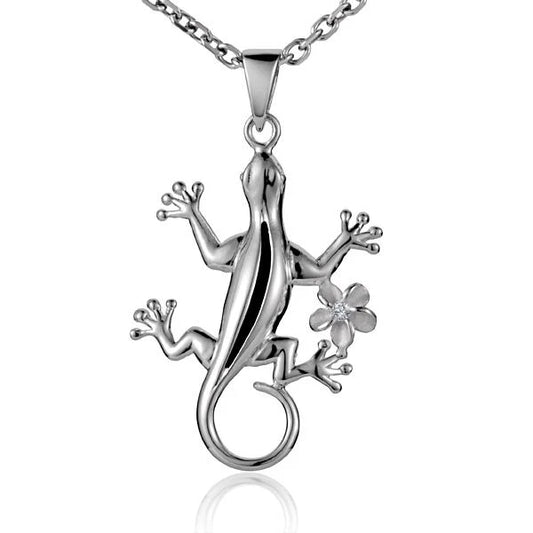 Silver gecko lizard pendant featuring detailed craftsmanship, hanging from a delicate chain, perfect for nature-inspired jewelry.