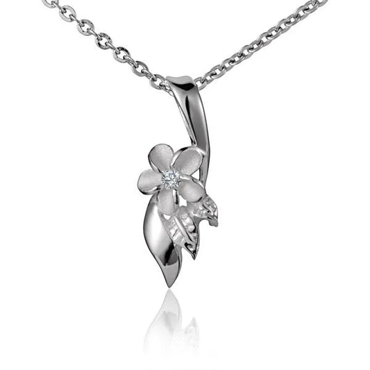 Small Plumeria 2 Leave Pendant in silver with detailed leaf design, crafted by Ashley's Gift Shop.