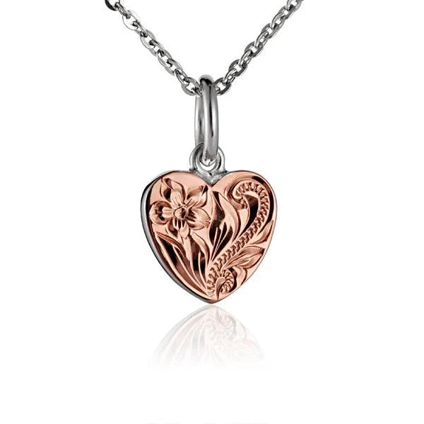 Hawaiian 925 Sterling Silver small scroll heart pendant in 925 sterling silver featuring intricate scroll design.