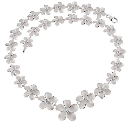 Sterling silver Plumeria CZ necklace with 12-20mm flowers, featuring sparkling cubic zirconia stones, elegant jewelry accessory.