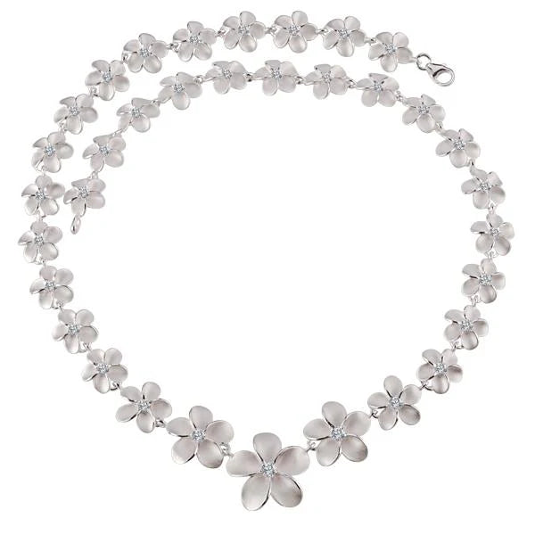 Hawaiian 925 Sterling Silver plumeria CZ necklace with 10-18mm floral pendant, hand.