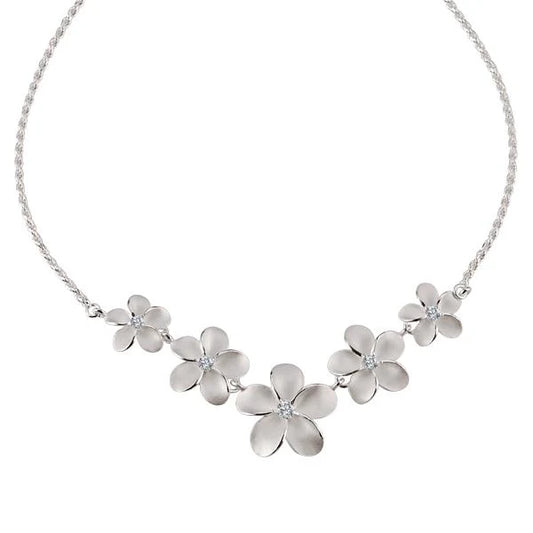 Sterling silver Plumeria CZ rope necklace with 12-18mm beads, featuring a floral pendant, crafted by Ashley's Gift Shop.