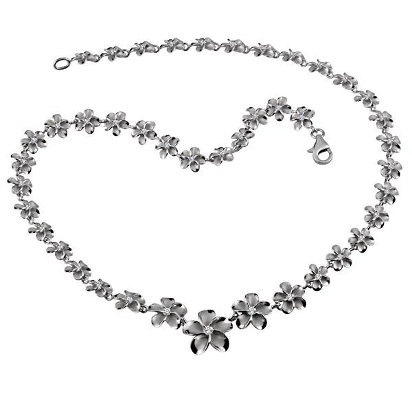 Hawaiian 925 Sterling Silver plumeria Rhodium Necklace with 8-15mm beads, elegant jewelry piece.
