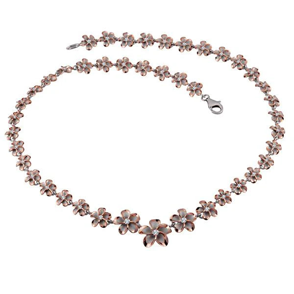 Hawaiian 925 Sterling Silver rhodium Plumeria 2T PG necklace with 8-15mm beads.