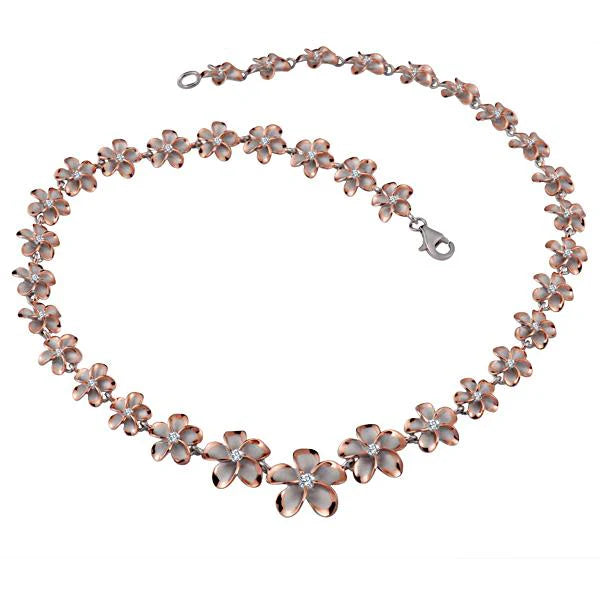 Hawaiian 925 Sterling Silver rhodium Plumeria 2T PG necklace with 10-18mm beads, featuring intricate floral design.