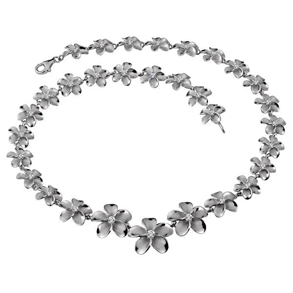 Hawaiian 925 Sterling Silver plumeria Rhodium Necklace, 12-20mm, featuring detailed flower pendant on a delicate chain.