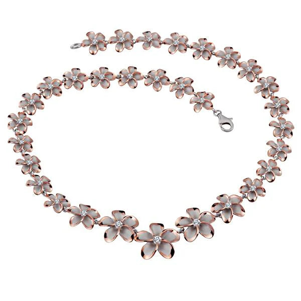 Hawaiian 925 Sterling Silver rhodium Plumeria 2T PG necklace with 12-20mm pendant.