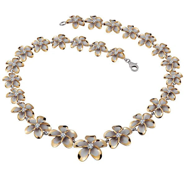Hawaiian 925 Sterling Silver rhodium Plumeria 2T YG necklace with 15-25mm flower pendant.