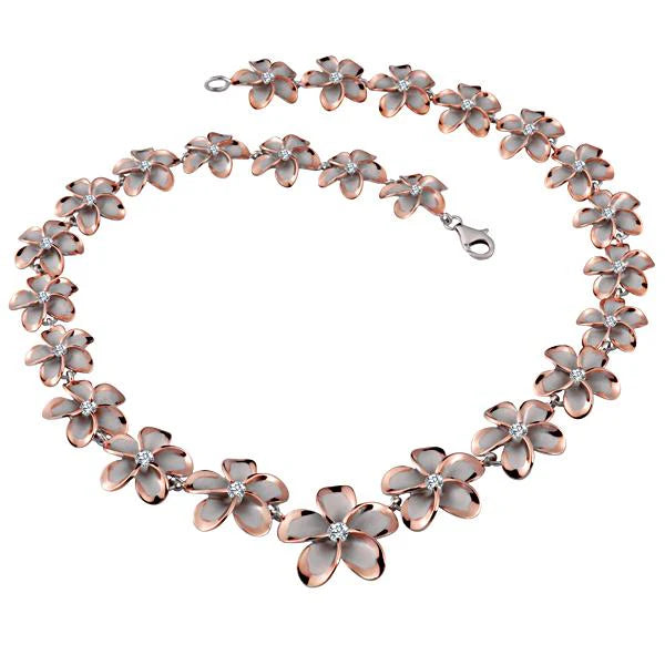 Hawaiian 925 Sterling Silver rhodium Plumeria 2T PG necklace with 15-25mm pendant, featuring intricate floral design.