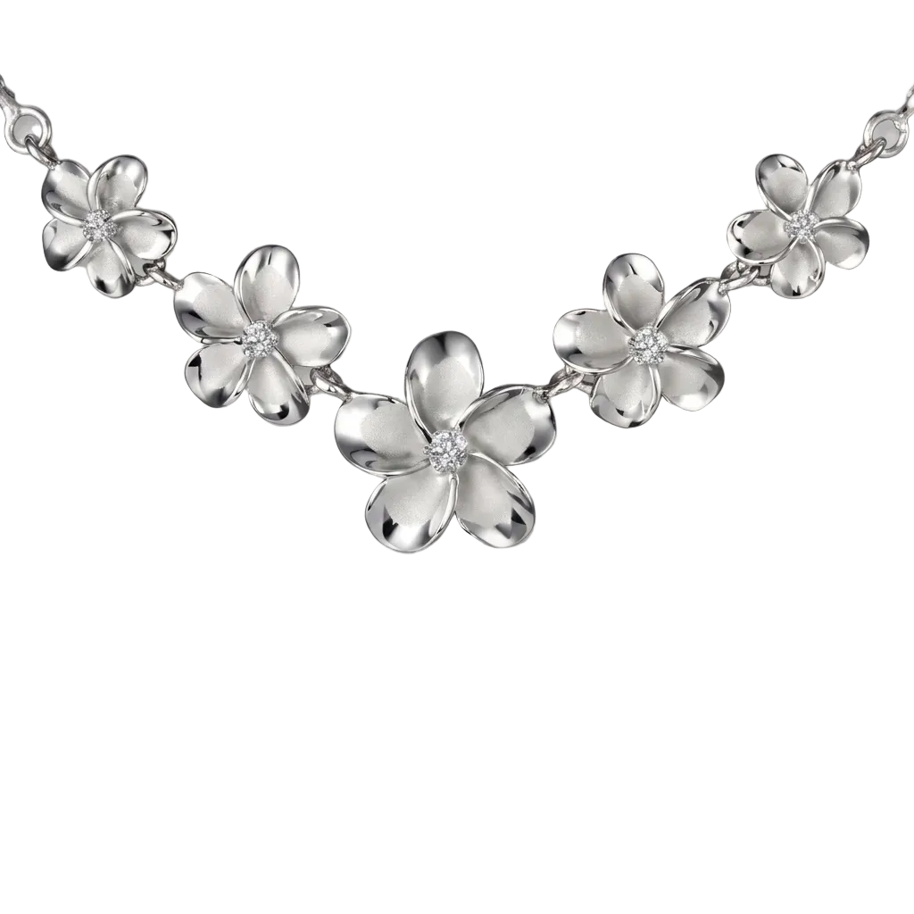 Hawaiian 925 Sterling Silver plumeria Rhodium Rope Necklace with 10-15mm links.
