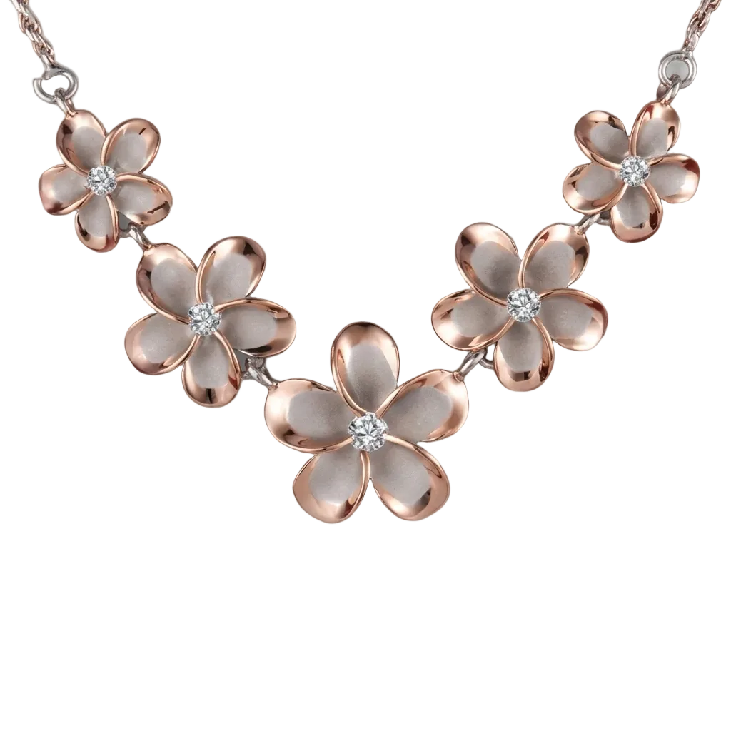Hawaiian 925 Sterling Silver rhodium Plumeria 2T PG rope necklace with 12-18mm width, featuring intricate floral design.