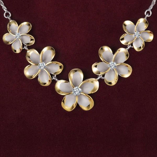 Sterling silver Rhoidum Plumeria 2T YG rope necklace with 15-20mm links, crafted in 925 silver, featuring a detailed floral design.