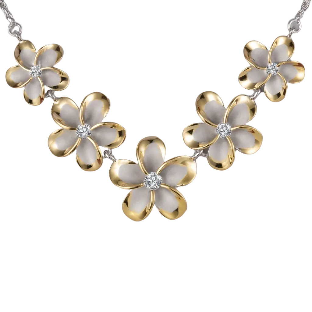 Hawaiian 925 Sterling Silver rhodium Plumeria 2T YG rope necklace with 15-20mm beads.