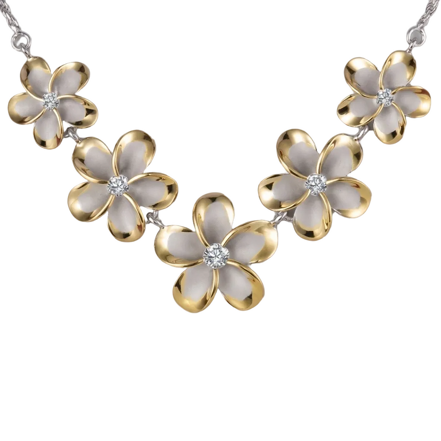 Hawaiian 925 Sterling Silver rhodium Plumeria 2T YG rope necklace with 15-20mm beads.
