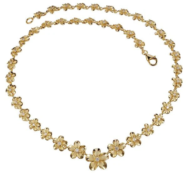 Hawaiian 925 Sterling Silver plumeria YG necklace with 8-15mm beads, featuring a delicate floral pendant.