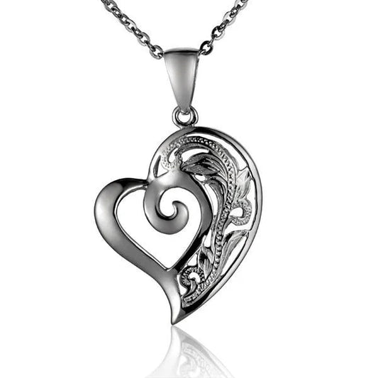Sterling silver SP Heart S/T Scroll Pendant featuring intricate engraved scroll design, crafted by Ashley's Gift Shop.