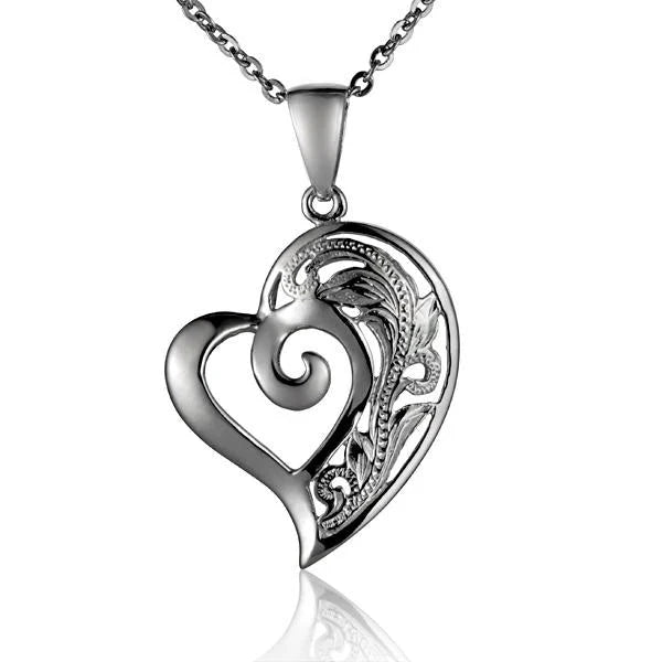 Hawaiian 925 Sterling Silver sP Heart S/T Scroll Pendant featuring intricate engraved scroll design.