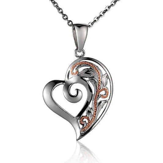 Sterling silver SP Heart S/T Scroll PG 2T pendant featuring intricate heart and scroll design, handcrafted jewelry by Ashley's Gift Shop