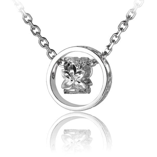 Silver SP Scroll Circle and Ring Pendant with intricate engraved design, featuring a decorative chain attachment.