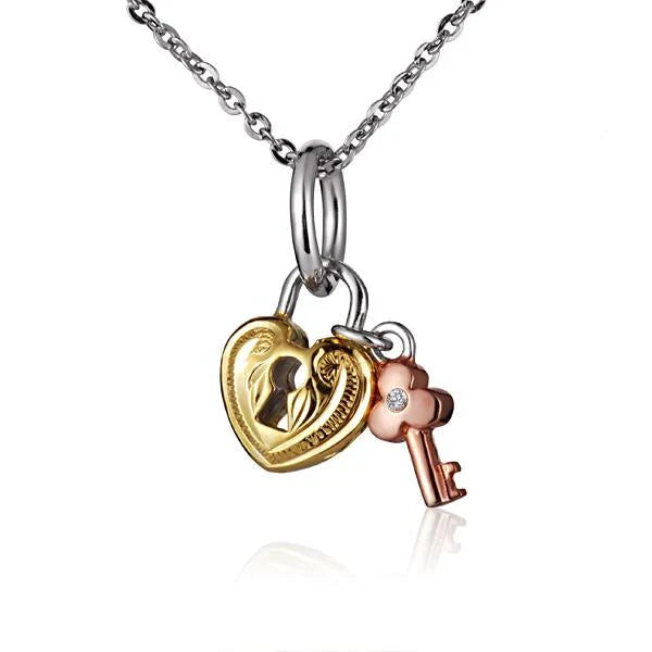 Hawaiian 925 Sterling Silver heart pendant with a key design, small size, featuring intricate scroll details.