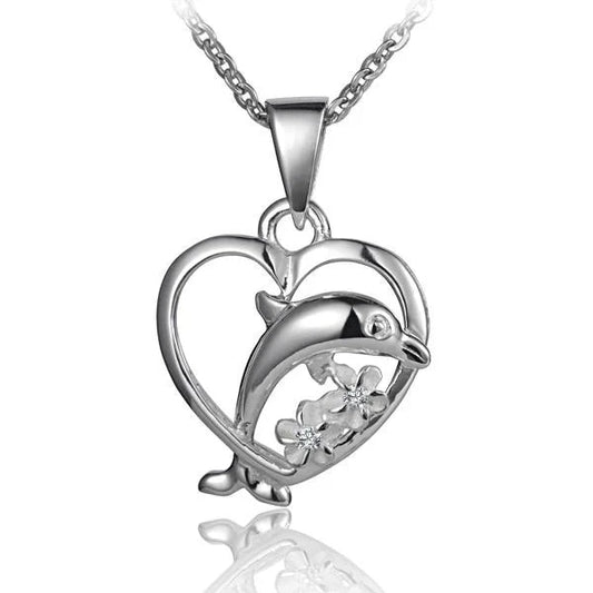 Sterling silver Heart with dolphin pendant, 925 silver jewelry, featuring a detailed dolphin design on a heart-shaped charm.