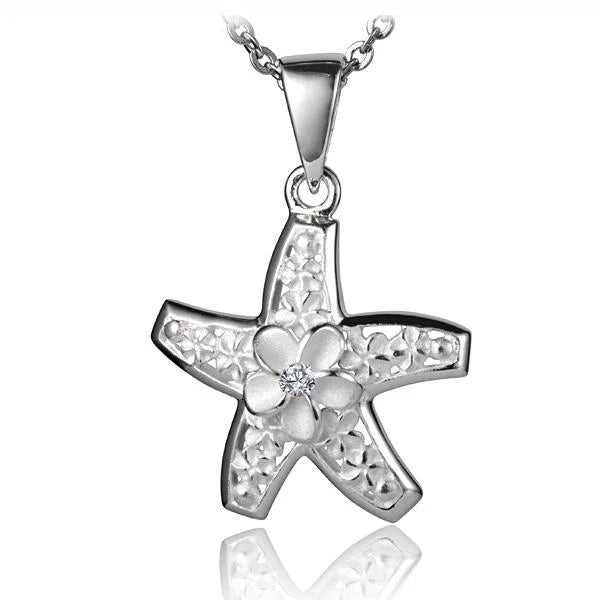 Hawaiian 925 Sterling Silver plumeria Starfish pendant with intricate floral and starfish design.