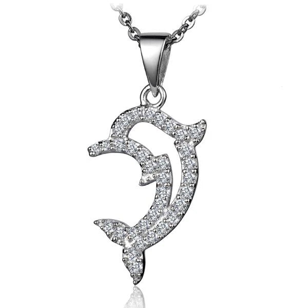 Hawaiian 925 Sterling Silver dolphin outline CZ pendant with sparkling cubic zirconia.