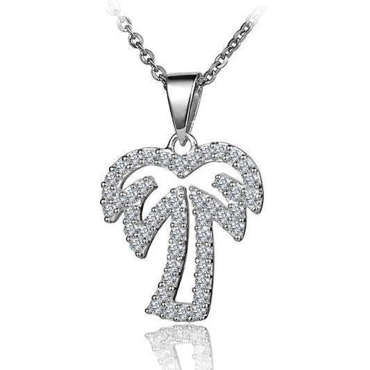 Sterling silver Palm Tree Outline CZ pendant featuring a detailed palm tree design, perfect for casual or tropical-themed jewelry.