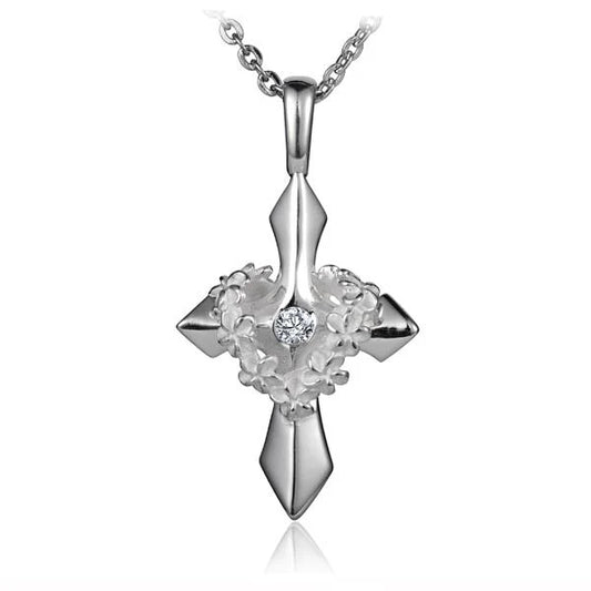 Sterling silver Cross Plumeria Lei pendant featuring a detailed floral design, perfect for jewelry and gift giving.