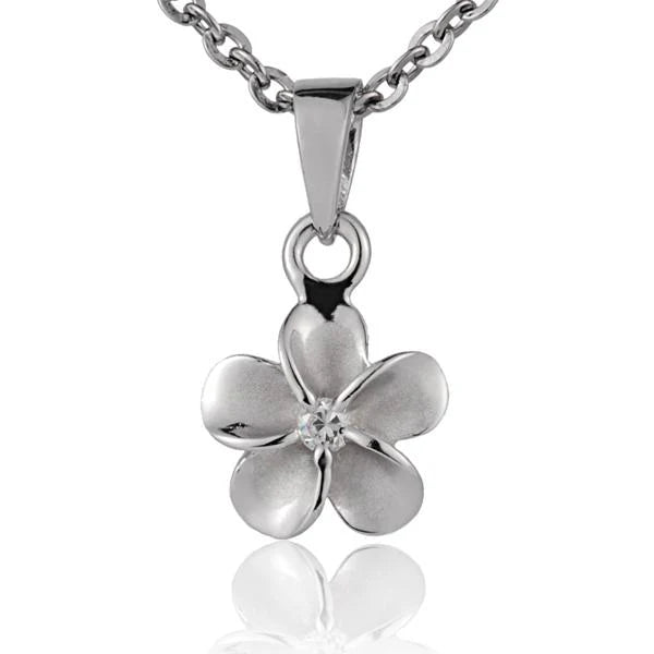 Hawaiian 925 Sterling Silver plumeria CZ pendant with 8mm rhodium finish, featuring detailed floral design and sparkling.