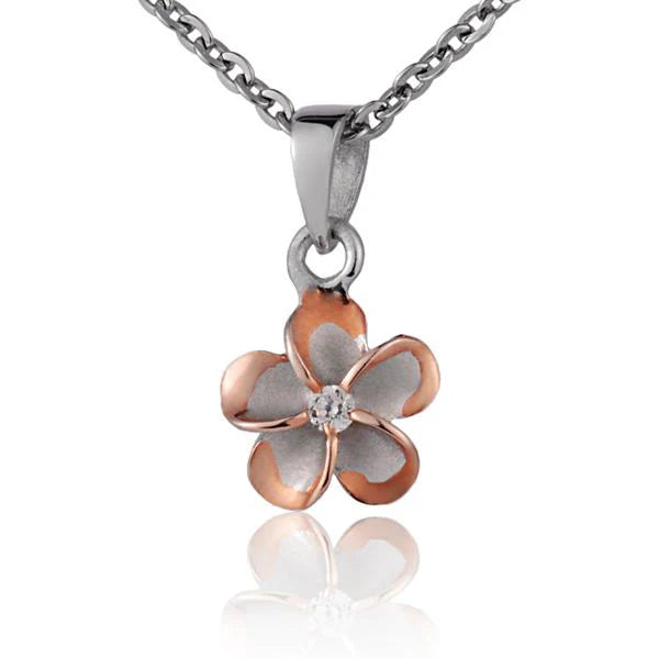 Hawaiian 925 Sterling Silver plumeria CZ PG pendant with 8mm design, featuring rhodium finish.