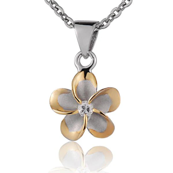 Hawaiian 925 Sterling Silver plumeria CZ pendant with yellow gold rhodium finish, 10mm size, featuring a delicate floral.