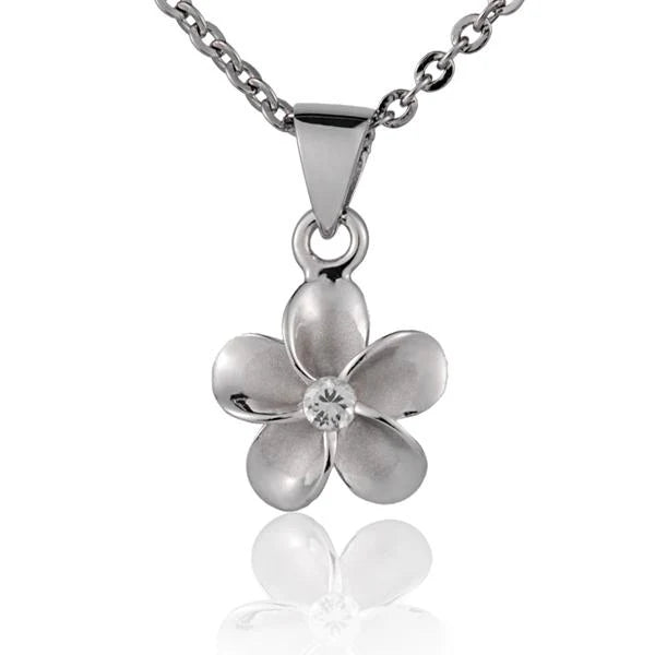 Hawaiian 925 Sterling Silver plumeria CZ rhodium pendant, 10mm, featuring floral design.