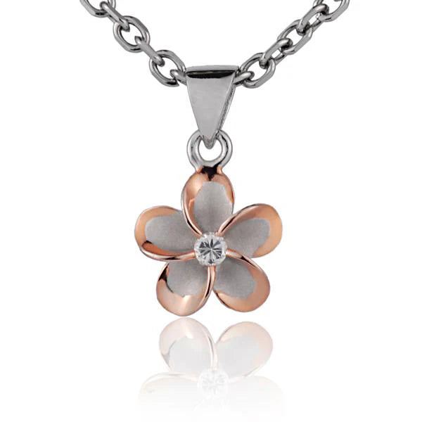 Hawaiian 925 Sterling Silver plumeria CZ PG pendant with 10mm size, featuring rhodium plating and intricate floral design.