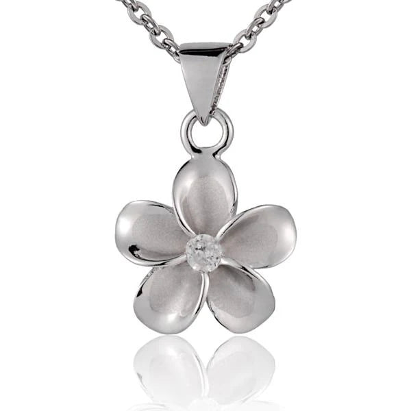 Hawaiian 925 Sterling Silver plumeria CZ pendant with rhodium finish, 12mm.