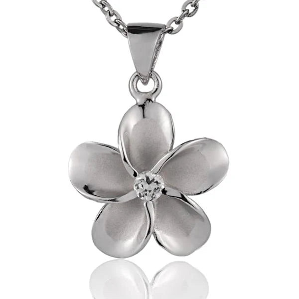 Hawaiian 925 Sterling Silver plumeria CZ pendant with rhodium finish, 15mm size.