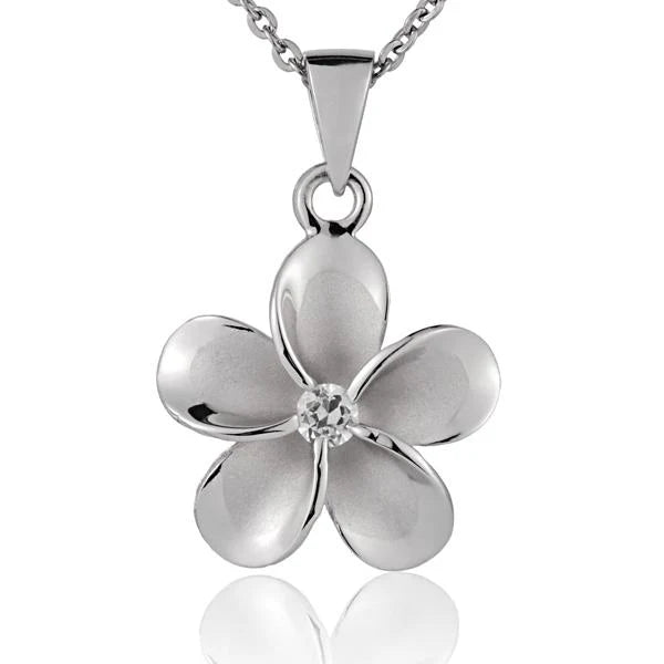 Hawaiian 925 Sterling Silver plumeria CZ rhodium pendant, 18mm, featuring detailed floral design for elegant jewelry styling.