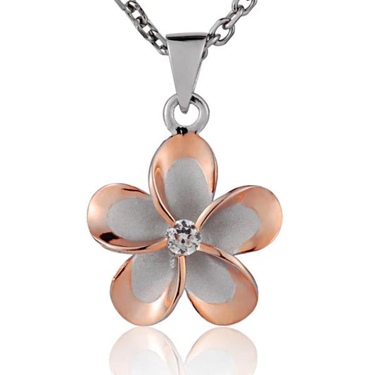 Sterling silver Plumeria CZ PG pendant with 18mm size, featuring a delicate flower design on a shiny rhodium finish.