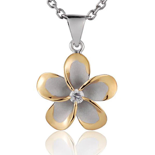 Sterling silver Plumeria CZ pendant with yellow gold accents, 20mm size, featuring intricate flower design on a jewelry chain.
