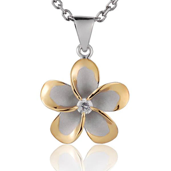 Hawaiian 925 Sterling Silver plumeria CZ pendant with yellow gold rhodium finish, 20mm size, featuring floral design.