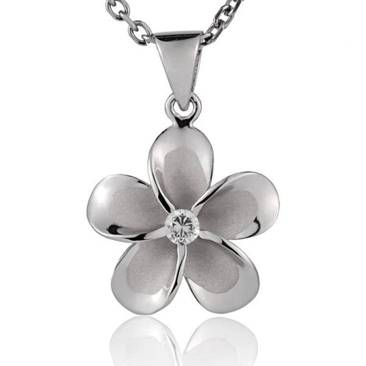 Sterling silver Plumeria CZ pendant, 20mm, with rhodium finish, featuring a floral design, ideal for necklace jewelry.