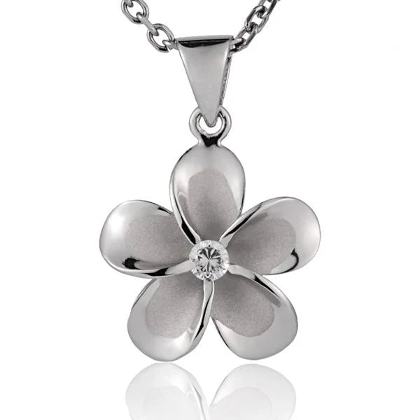 Hawaiian 925 Sterling Silver plumeria CZ pendant with rhodium finish, 20mm size.