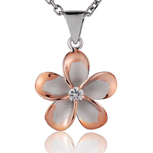 Sterling silver Plumeria CZ PG pendant with 20mm diameter, featuring a floral design and rhodium finish.