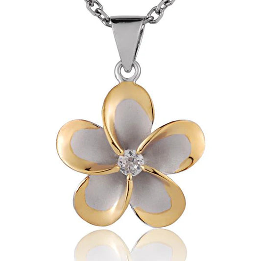 Sterling silver Plumeria CZ pendant with yellow gold rhodium plating, 22mm size, featuring a floral design.
