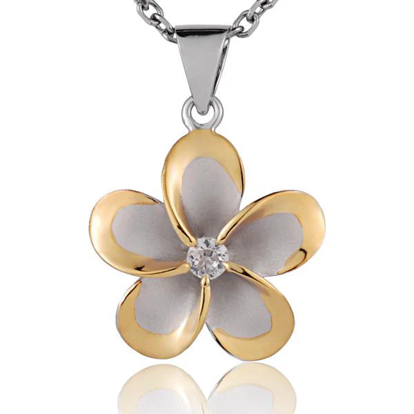 Hawaiian 925 Sterling Silver plumeria CZ pendant with yellow gold rhodium finish, 22mm, featuring a floral design.