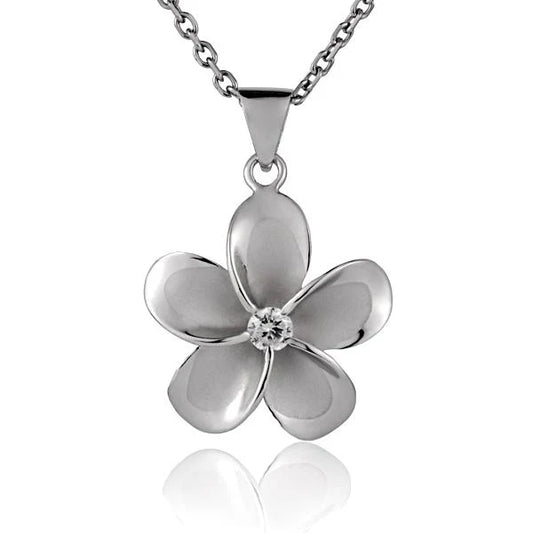 925 Sterling Silver Plumeria CZ Rhodium Pendant, 22mm, featuring a detailed floral design with sparkling cubic zirconia accents.