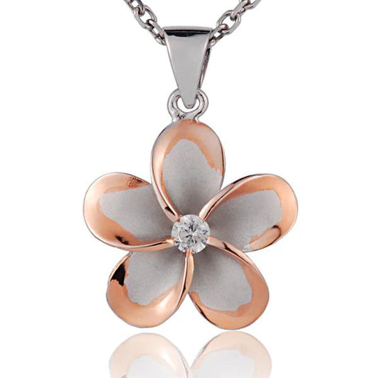 Sterling silver Plumeria CZ PG pendant, 22mm, with intricate floral design and rhodium plating, perfect for jewelry collection