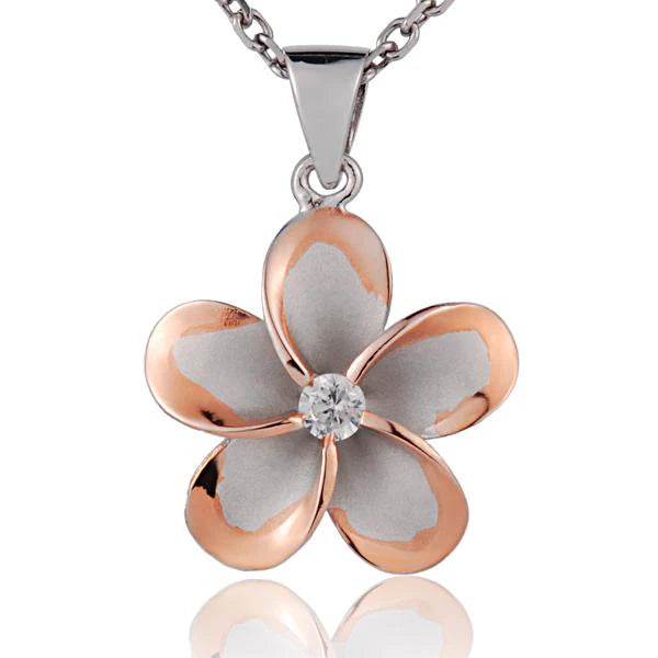 Hawaiian 925 Sterling Silver plumeria CZ PG pendant, 22mm, with rhodium finish, featuring floral design and sparkling.