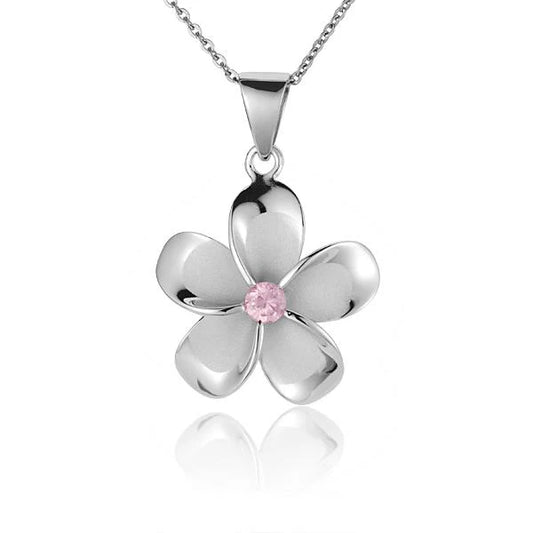 Sterling silver Plumeria Pink CZ pendant, 25mm, with rhodium finish, showcasing intricate floral design and sparkling pink stones.